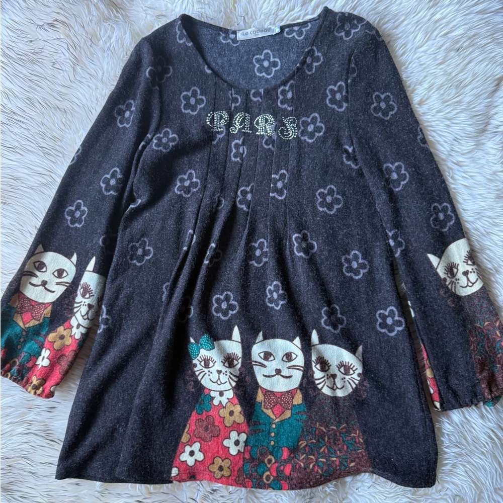 Le Cadeau Paris Wool Blend Cat Print Tunic Top Made in France Size 5 🇫🇷